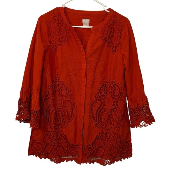 Chico's Tops - Chicos cutout crochet lace button down bell sleeve blouse top womens 1 US 8/10 M